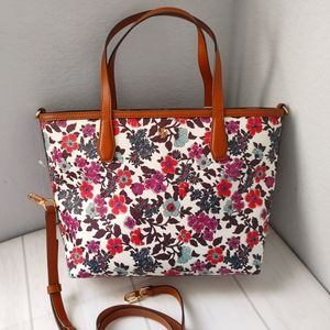 Tory Burch Kerrington Small Wallpaper Floral Printed Coated Canvas Tote Bag.